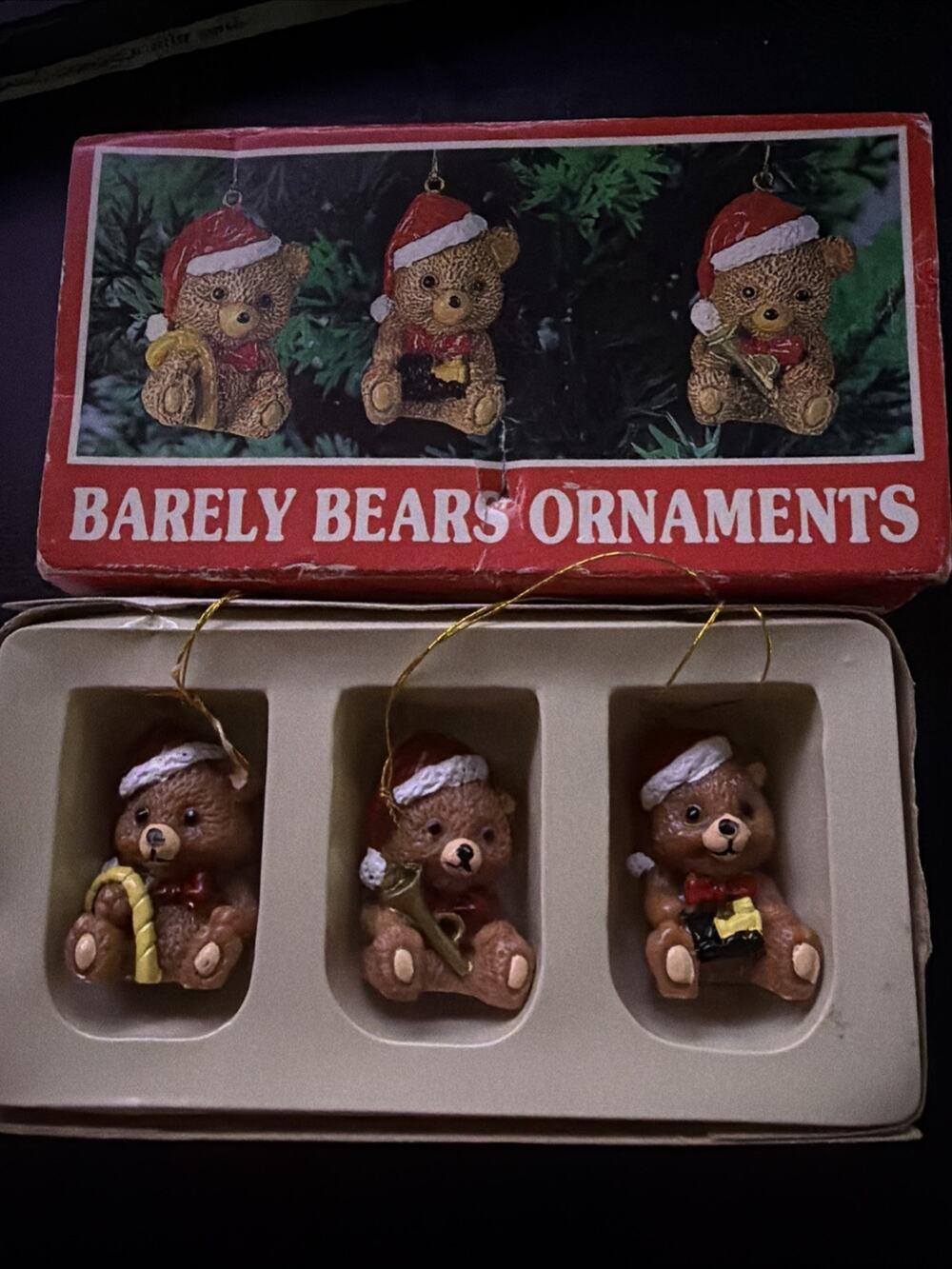 Vintage "Barely Bears" Christmas Ornaments Set of 3 in Box Taiwan